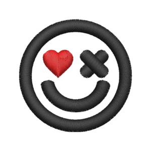 A 3D puff embroidered smiley face featuring a heart at its center.