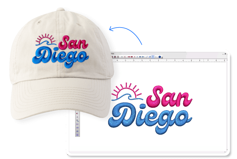 3D-Puff-Caps-Digitizing High-quality 3D puff embroidery design featuring the text 'San Diego' with a sun and wave graphic, stitched on a beige baseball cap; shown alongside the digitized file in professional embroidery software — perfect for embroidery businesses specializing in custom hat embroidery, puff lettering.