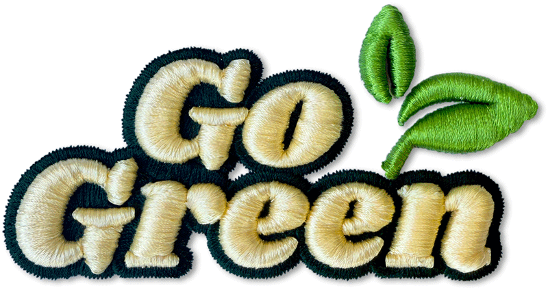 go-greenpuff Go Green 3D puff embroidery digitized design featuring raised cream lettering, bold dark green outline, and a detailed green leaf—ideal for businesses needing 3D puff embroidery digitizing services