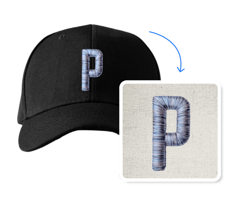 p_puff-website Digitized embroidery design of the letter P in blue thread on a black cap, showcasing high-quality stitch detail for custom 3D Puff embroidery digitizing services.