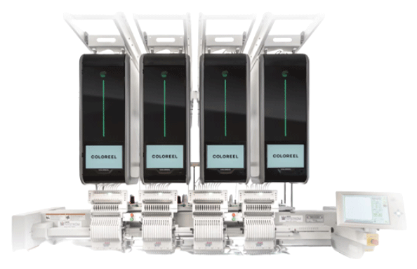 coloreel-machines Coloreel multi-head embroidery machine with integrated color-changing thread system, designed for high-efficiency custom embroidery and advanced digitizing production workflows