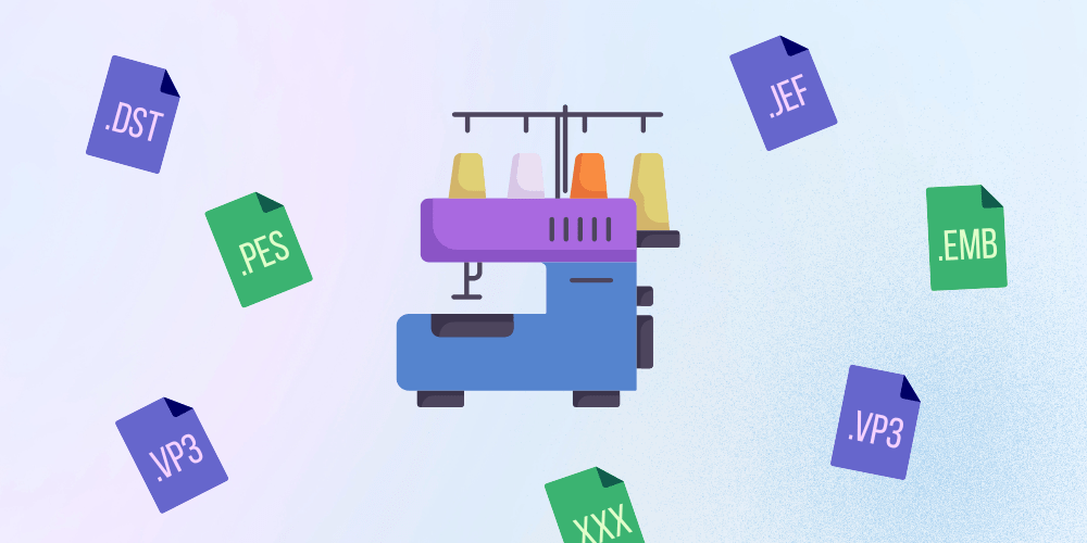 Digital embroidery machine illustration with floating file types (.DST, .PES, .JEF, .EMB, .VP3, .XXX) used by PRO digitizing for multi-format embroidery designs.
