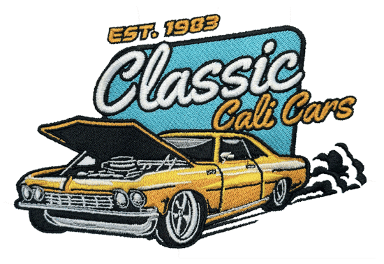 Classic cali cars embroidered patch. Custom embroidered logo of a vintage yellow muscle car with smoke effects and retro text “Classic Cali Cars – Est. 1983”, created using high-quality embroidery digitizing services for automotive branding.