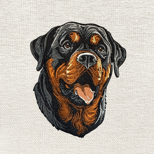Lifelike embroidered portrait of a Rottweiler dog, expertly digitized for custom pet embroidery using advanced embroidery digitizing software