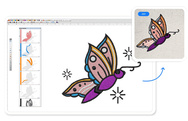 Before and after comparison of a colorful butterfly embroidery design – digital preview before digitizing and final sewn-out embroidery on a beige cap.