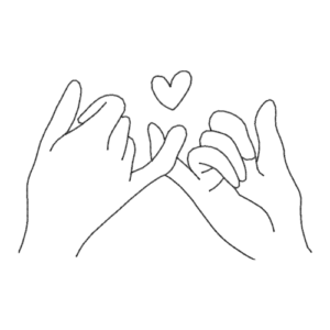 Line art embroidery design of two hands making a pinky promise with hearts above them.