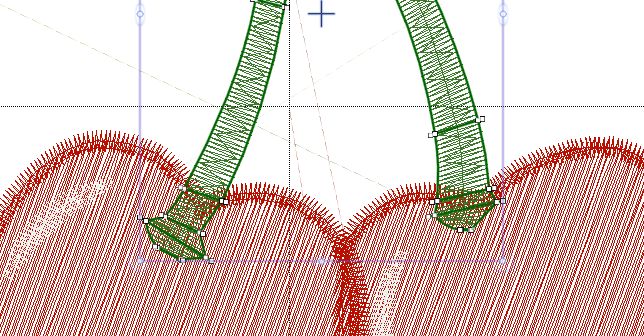 CAD diagram of two green curved straps over a red heart-shaped tissue area, with grid lines.