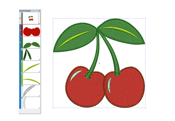 Embroidery design of two red cherries with green stems and leaves, shown in editing software with a sequence panel on the left.