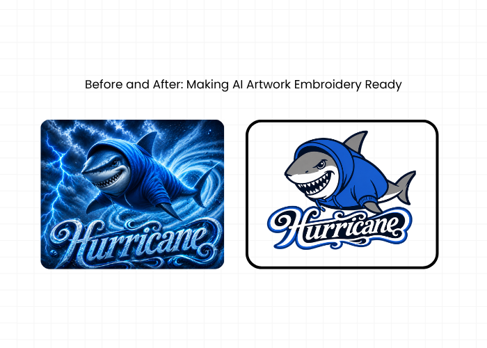 AI generated shark artwork compared to simplified embroidery ready version