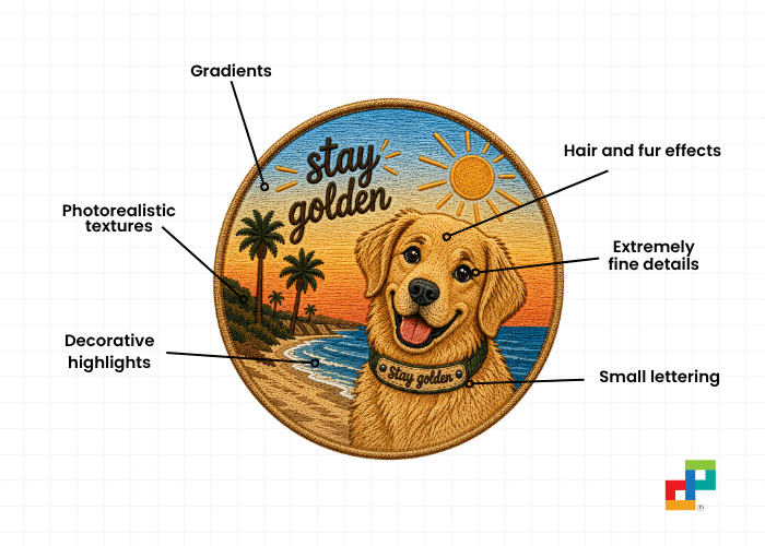 Circular embroidered patch: gold retriever on a sunset beach with palm trees, ocean, and'stay golden' collar text.
