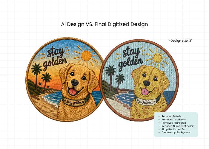 Comparison between original AI artwork and finished embroidered design
