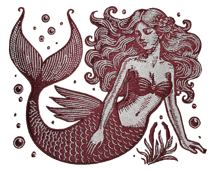 Vintage-style maroon mermaid with flowing hair, bare shoulders, and a curved, scaly tail among bubbles.
