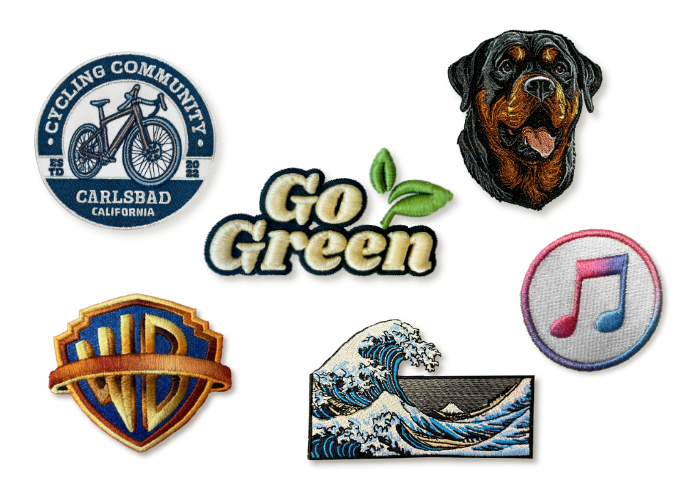 3D puff embroidery design with raised satin stitching spelling “Go Green” and green leaf accents.