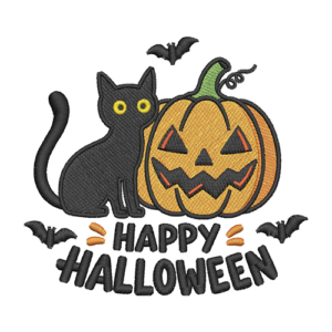 Happy Halloween machine embroidery design with black cat, orange jack-o'-lantern and bats
