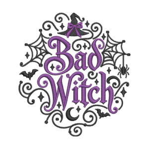 Bad Witch Halloween machine embroidery design with purple lettering, witch hat and spiderwebs